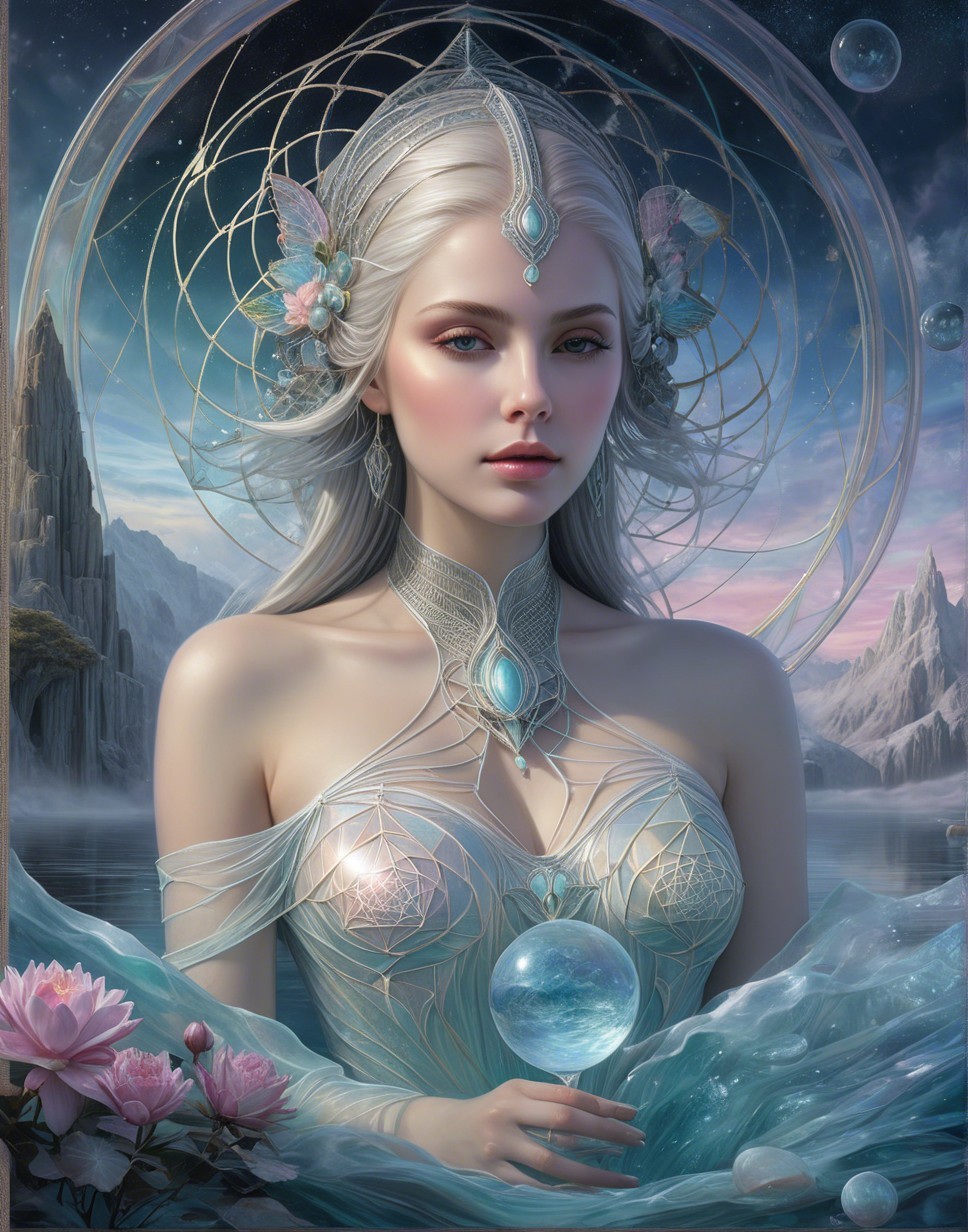 Mystical Figure in Serene Waters with Glowing Orb