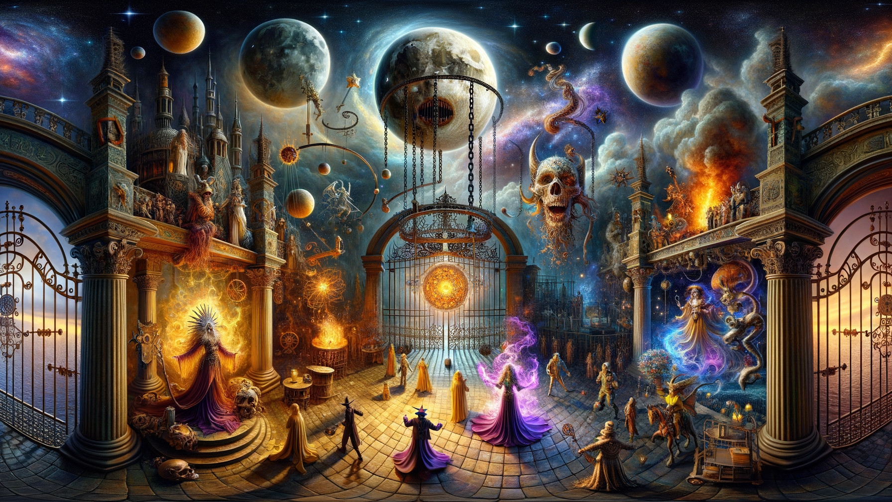 Celestial Fantasy with Castles and Ethereal Figures