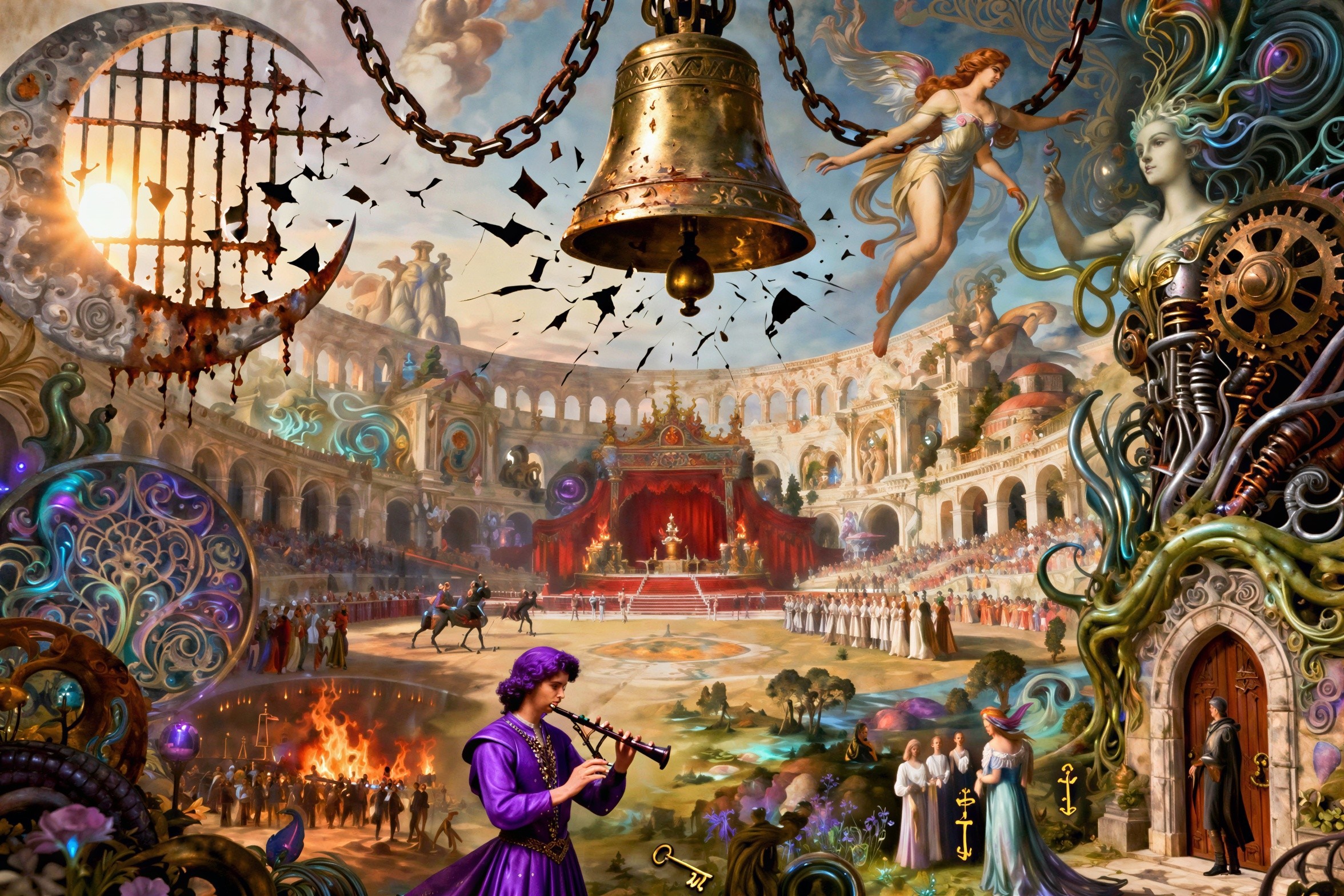 Fantastical Arena Scene with Winged Woman and Mechanical Figure