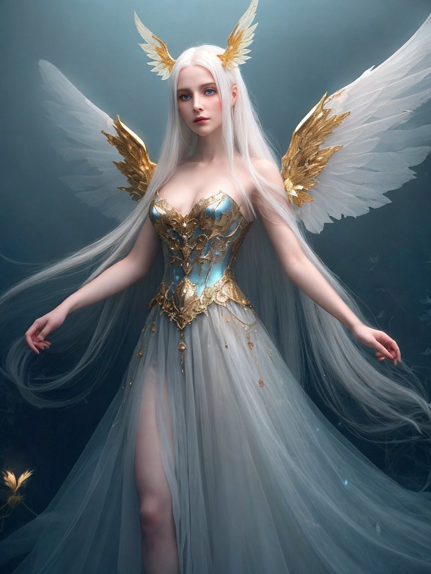 Elegant figure in shimmering gown with golden wings