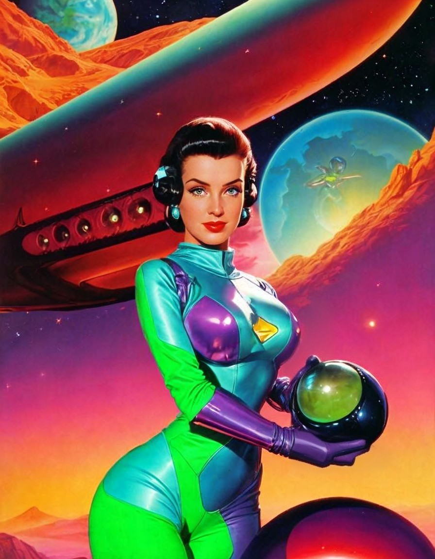 Futuristic Woman in Vibrant Space Suit with Cosmic Backdrop
