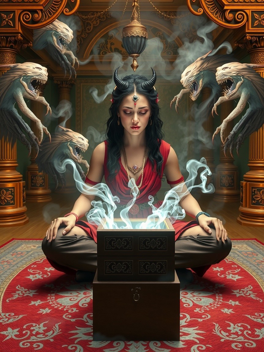 Mystical Woman with Horns in Lavish Room Setting