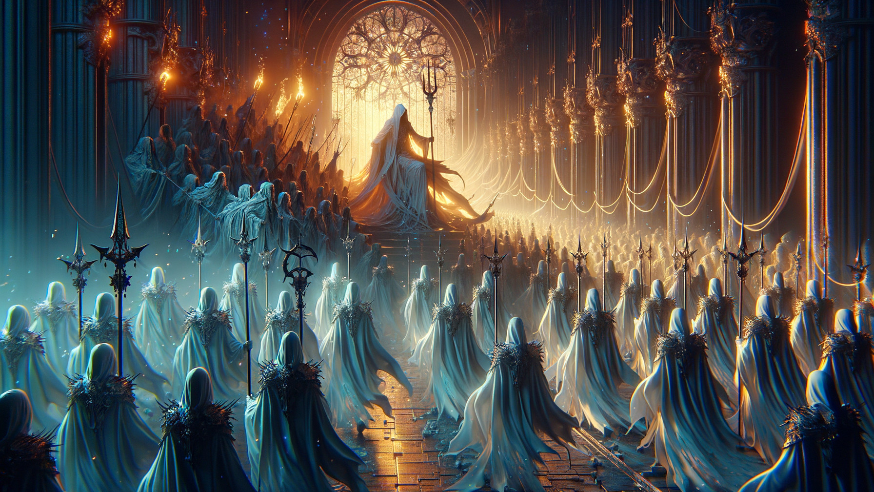 Majestic Figure on Throne in Ethereal Hall