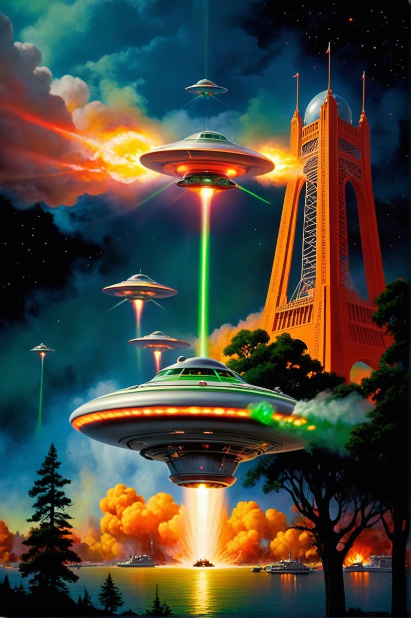 Surreal UFOs Over City Skyline with Colorful Explosions