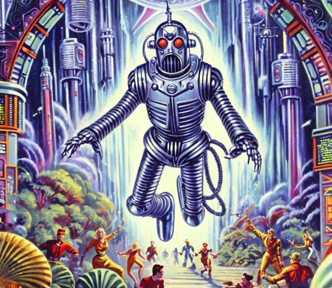 Retro-Futuristic Scene with Humanoid Robot and Figures