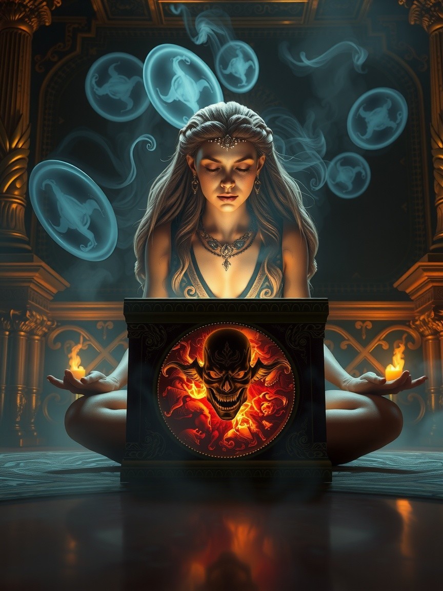 Mystical Woman in Ornate Room with Eerie Apparitions