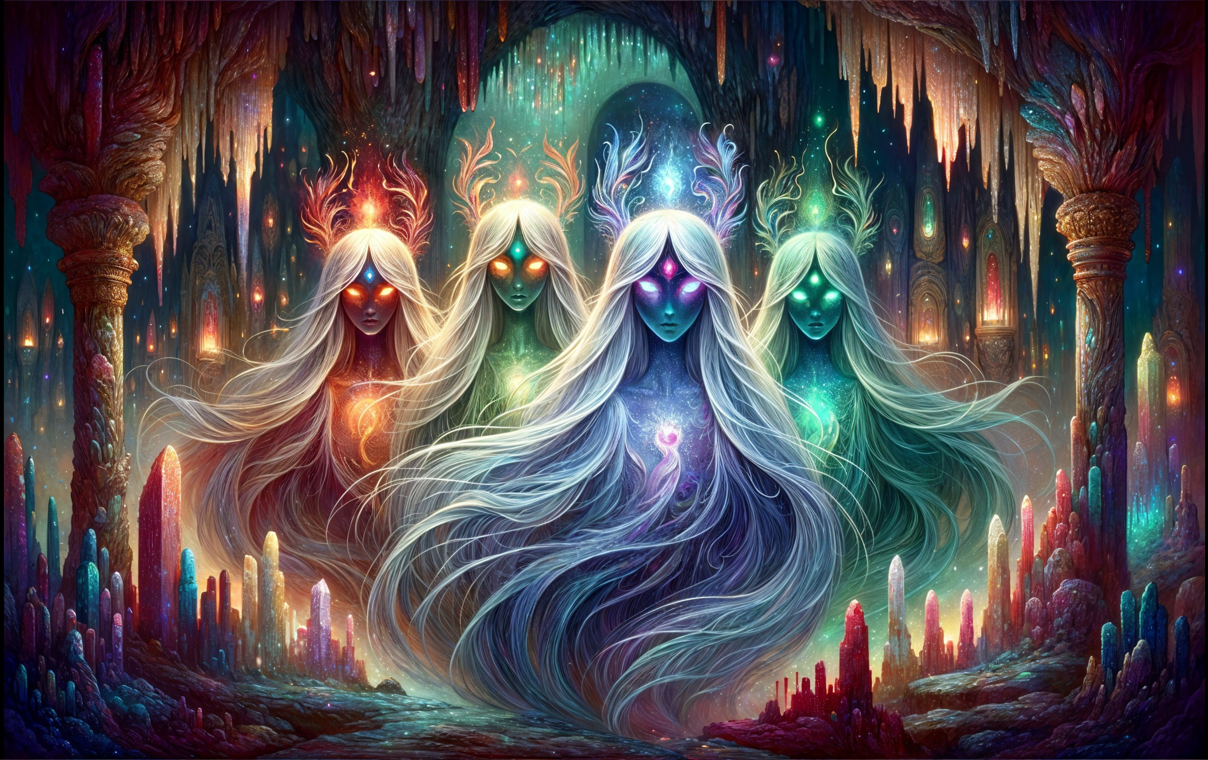 Ethereal Figures in a Mystical Cavern with Crystals