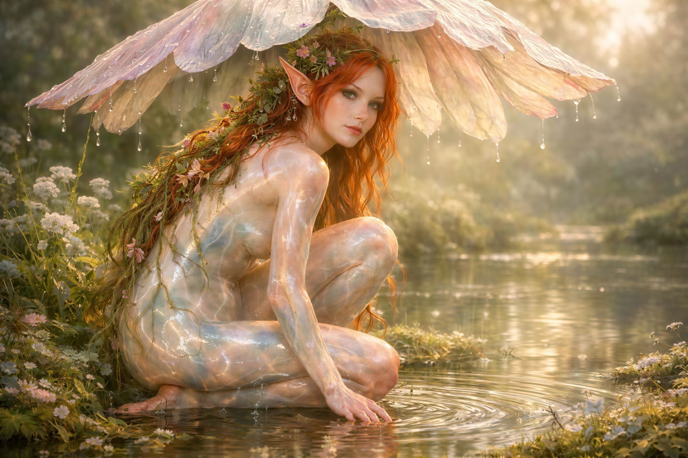 Elven Woman with Red Hair by a Still River