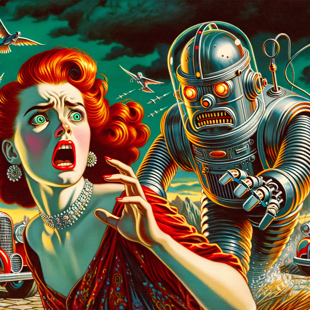 Vintage Scene of Woman and Menacing Robot
