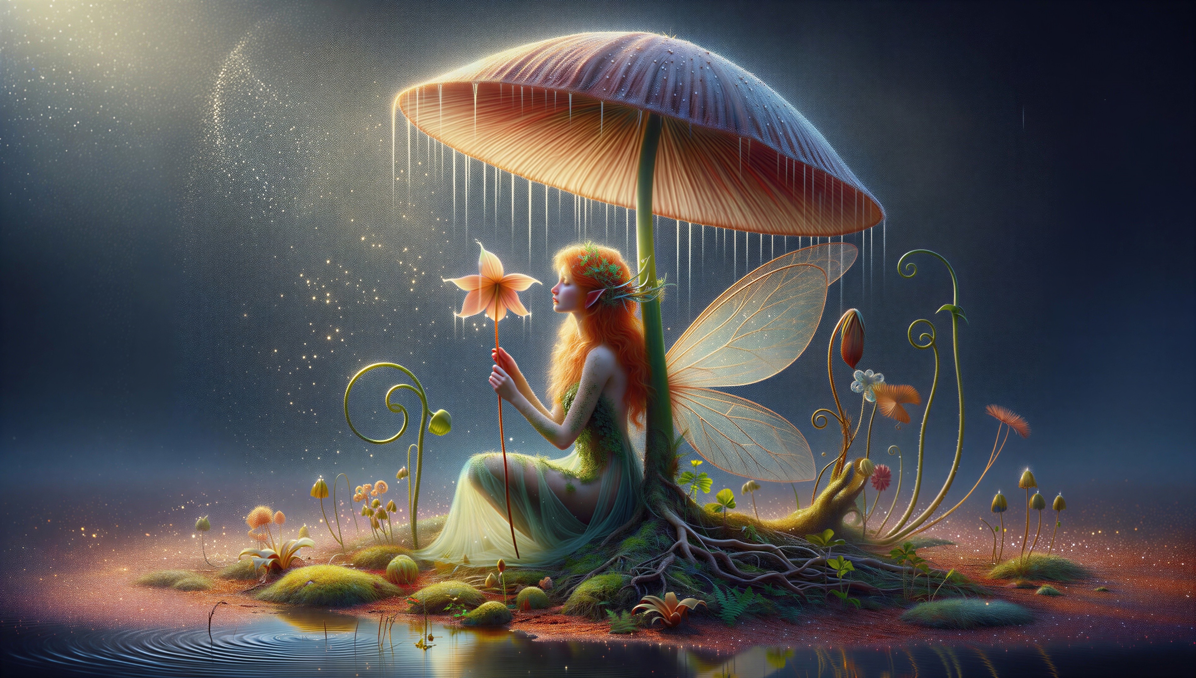 Fairy Beneath Mushroom Surrounded by Bioluminescent Flora