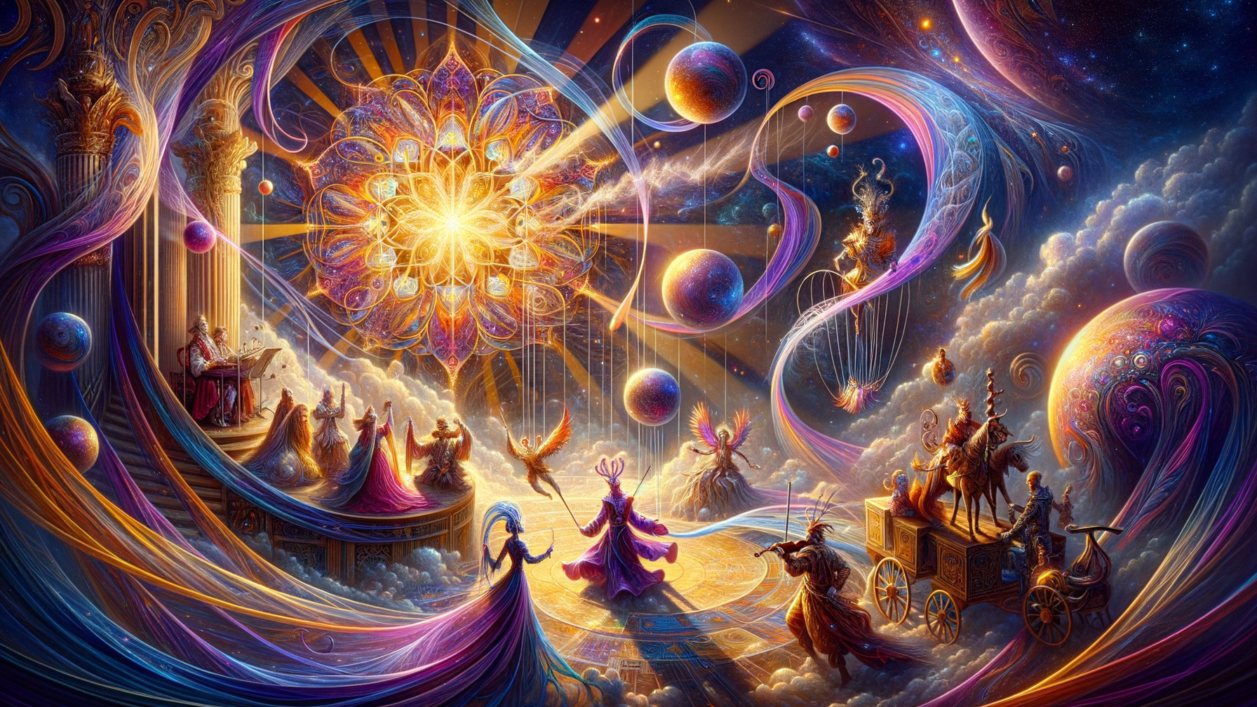 Vibrant Cosmic Scene with Celestial Beings and Colors