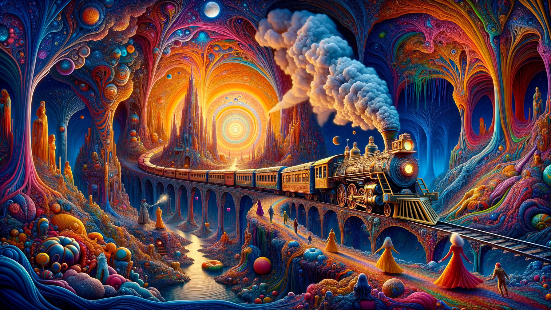 Surreal Landscape with Steam Train in Colorful Tunnel