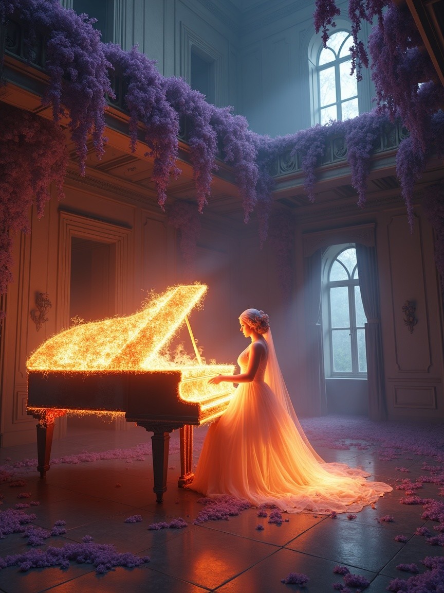 Bride in flowing gown playing grand piano in floral room