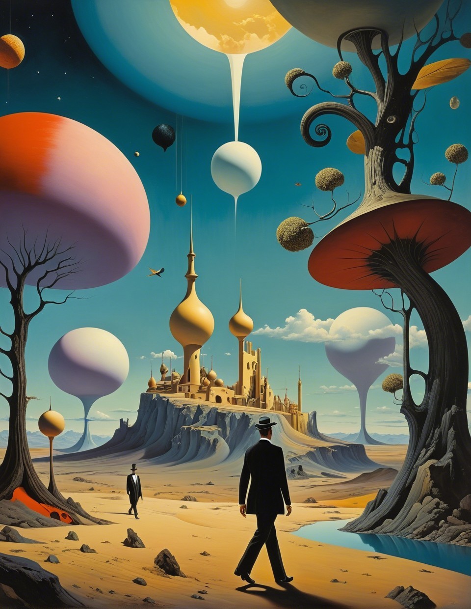 Surreal Landscape with Figures and Fantastical Castle