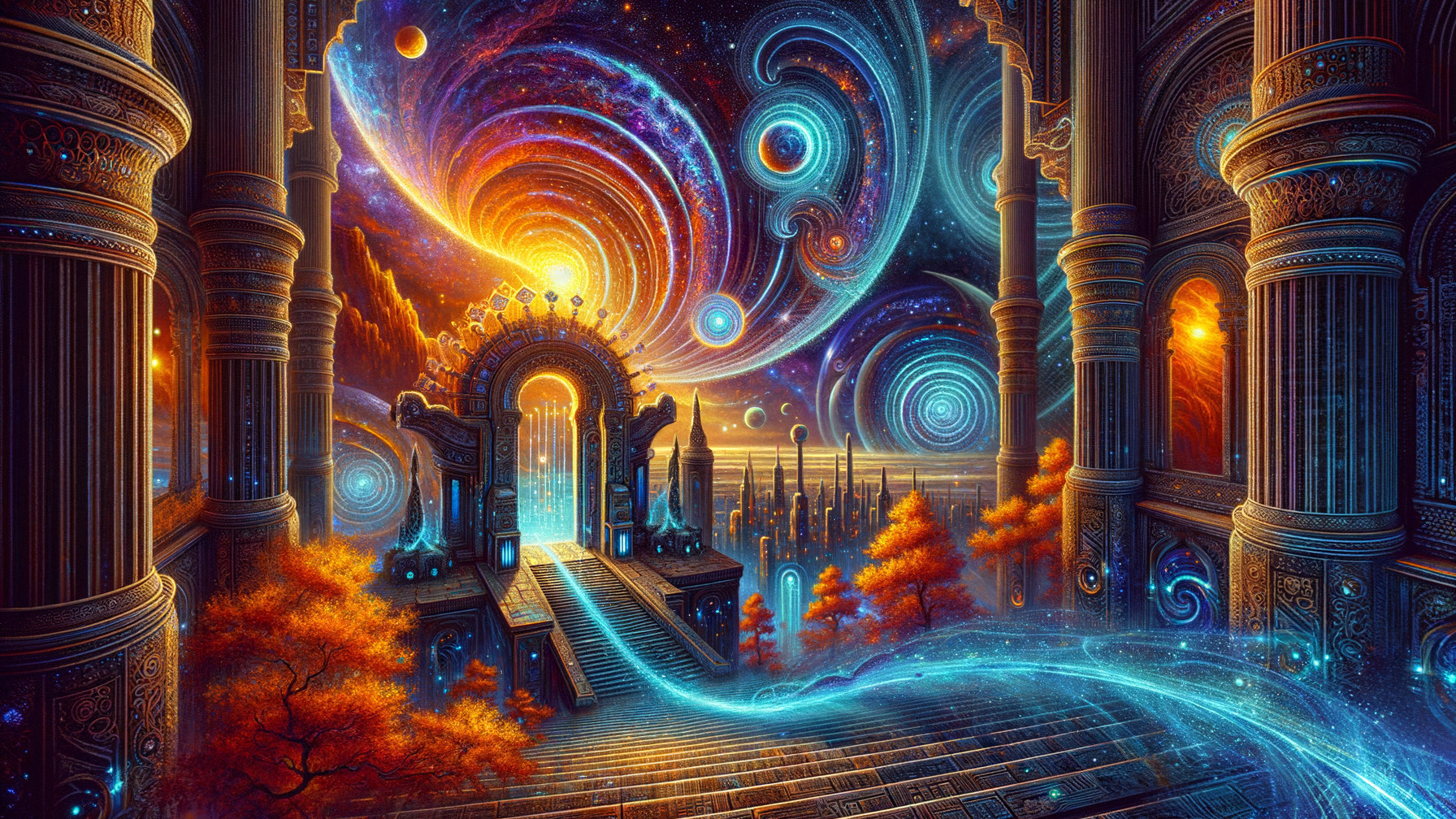 Cosmic Scene with Staircase and Vibrant Colors