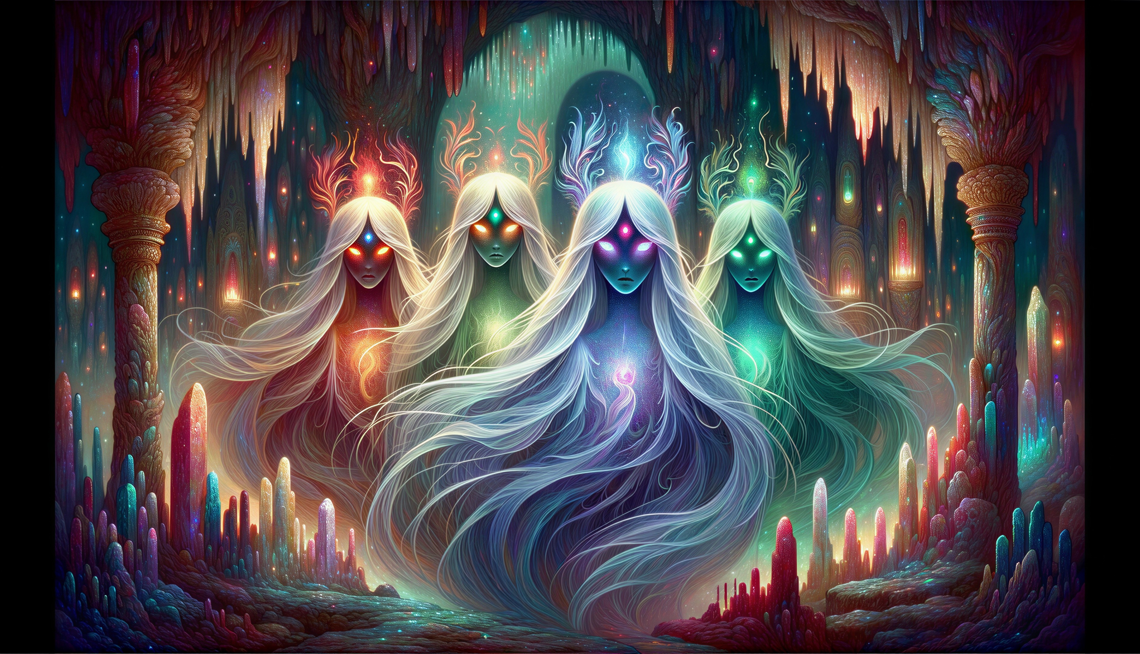 Ethereal Figures in a Mystical Cave Setting