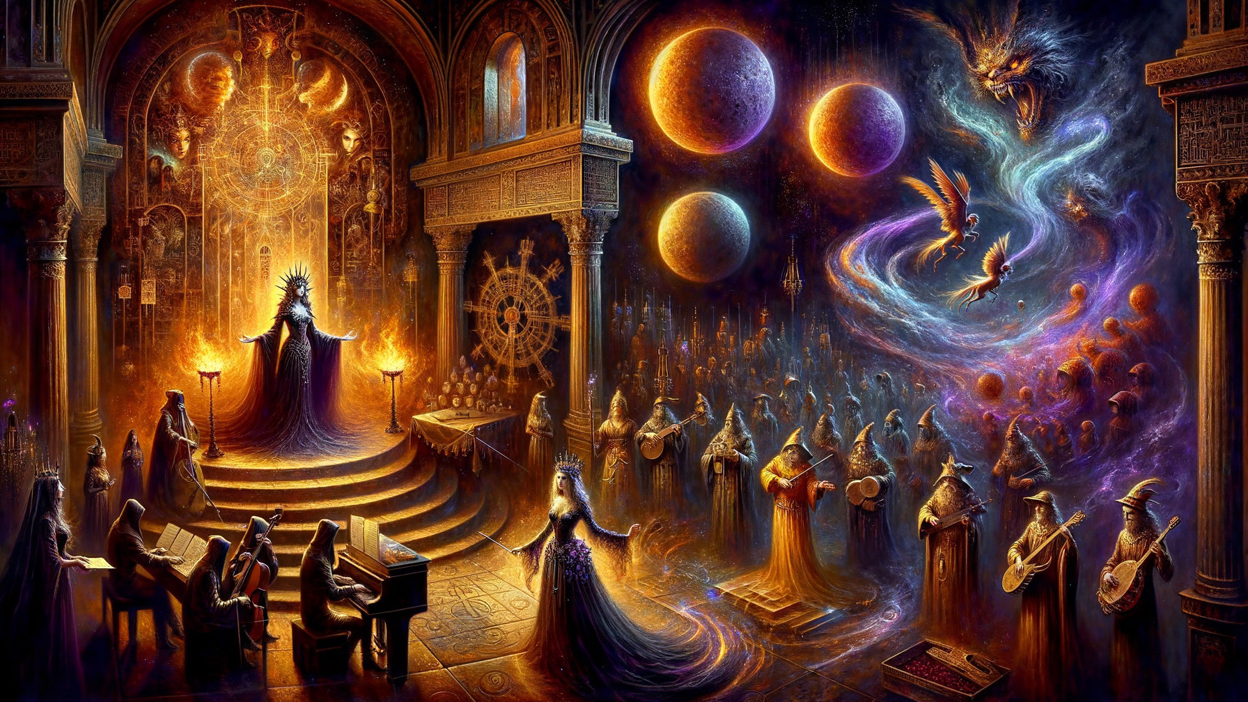 Cloaked Figures in a Majestic Cosmic Celebration Hall