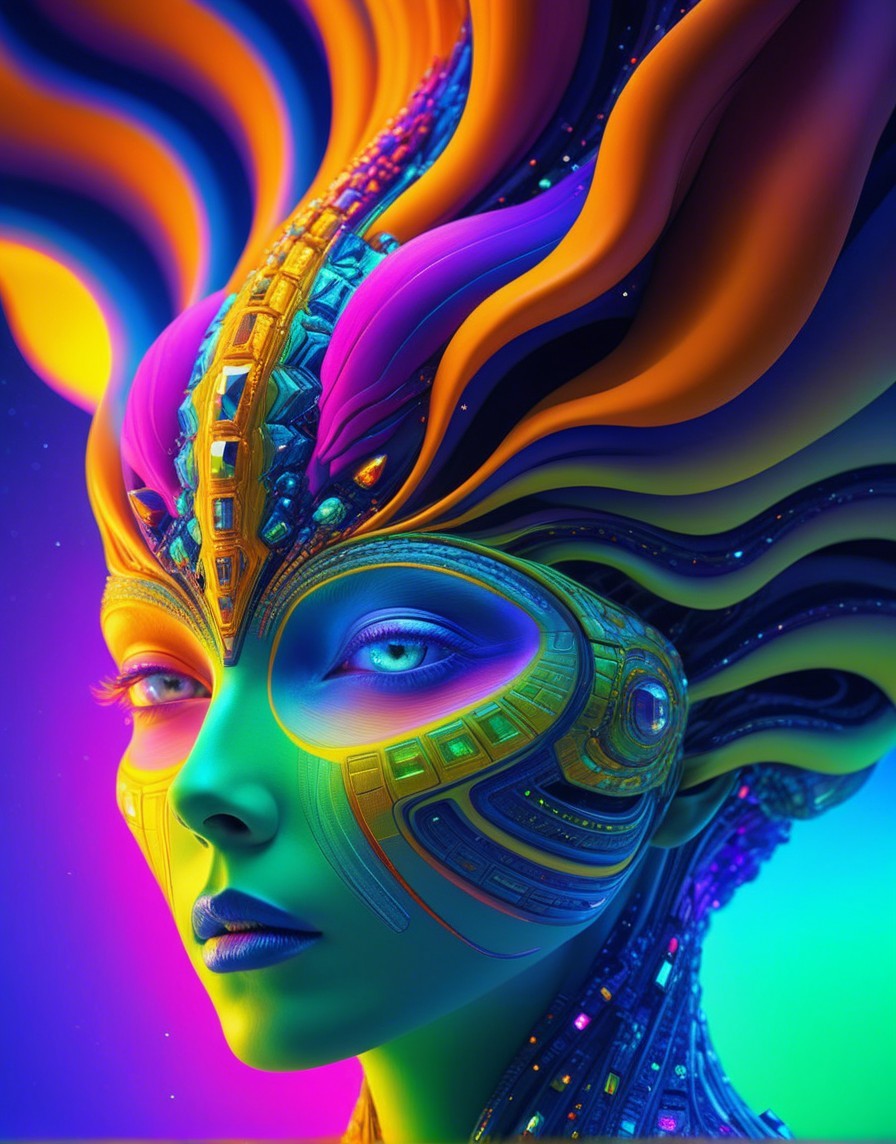 Abstract Portrait of Humanoid Figure with Vibrant Hair