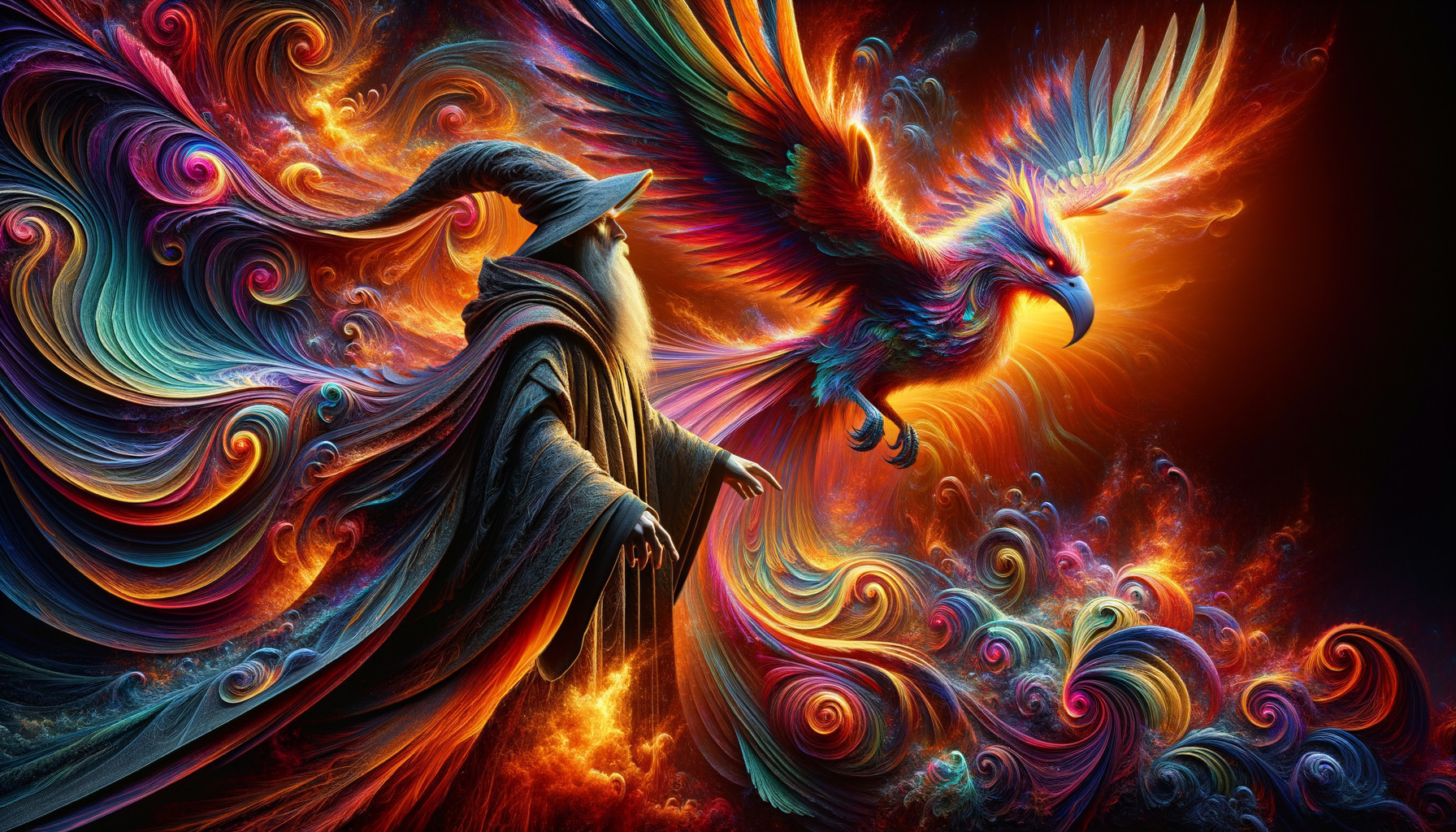 Wizard and Phoenix in a Colorful Cosmic Scene