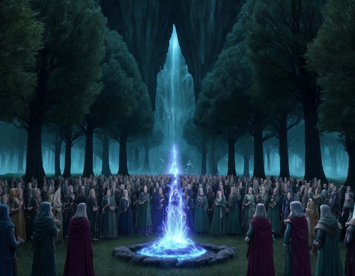 Ancient Figures Gather Around Radiant Blue Light