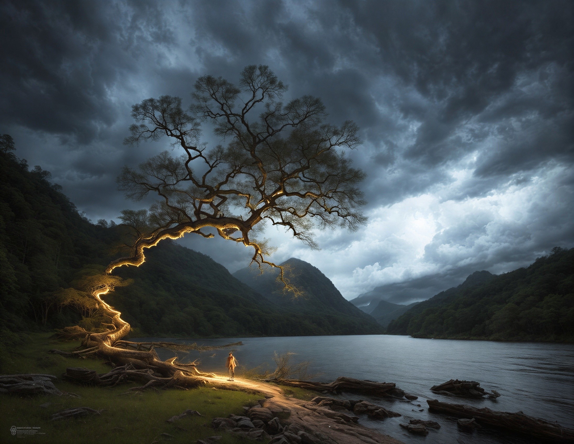 Solitary Figure by Serene Lake Under Dramatic Clouds