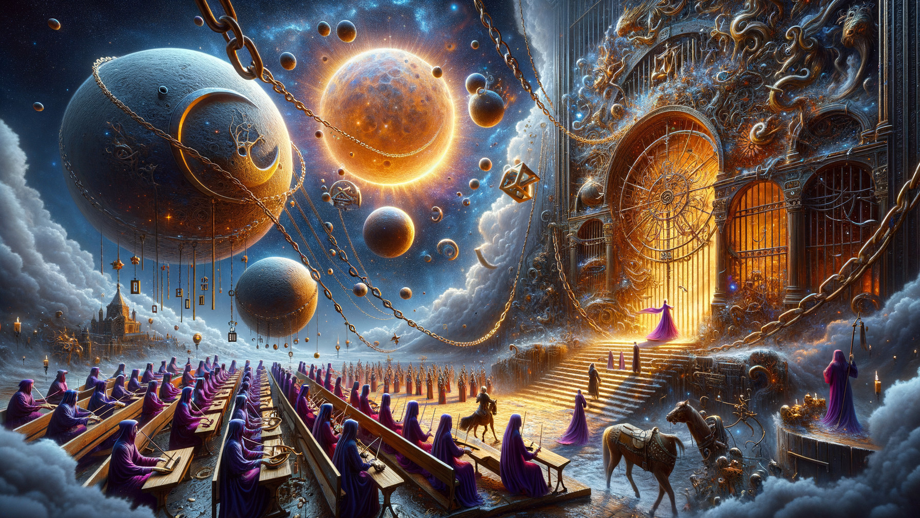 Mystical Celestial Realm with Ethereal Figures and Planets