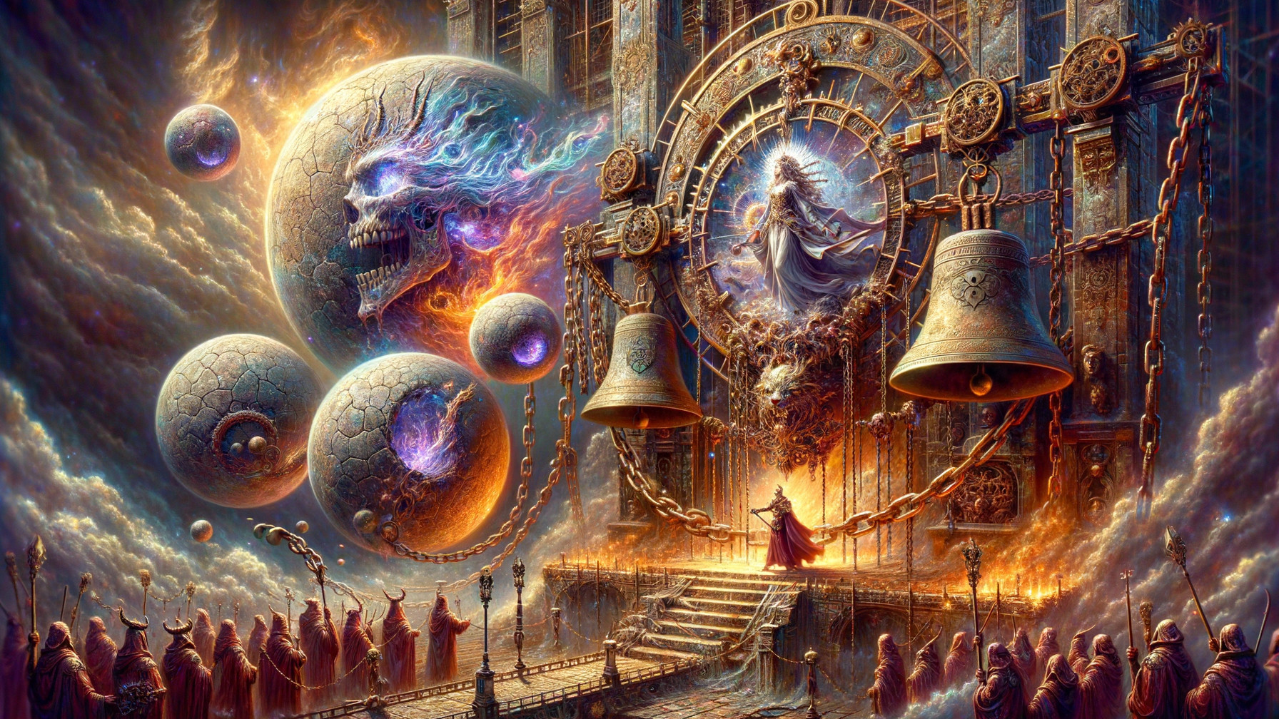 Fantastical Realm with Bells, Clock, and Hooded Figures