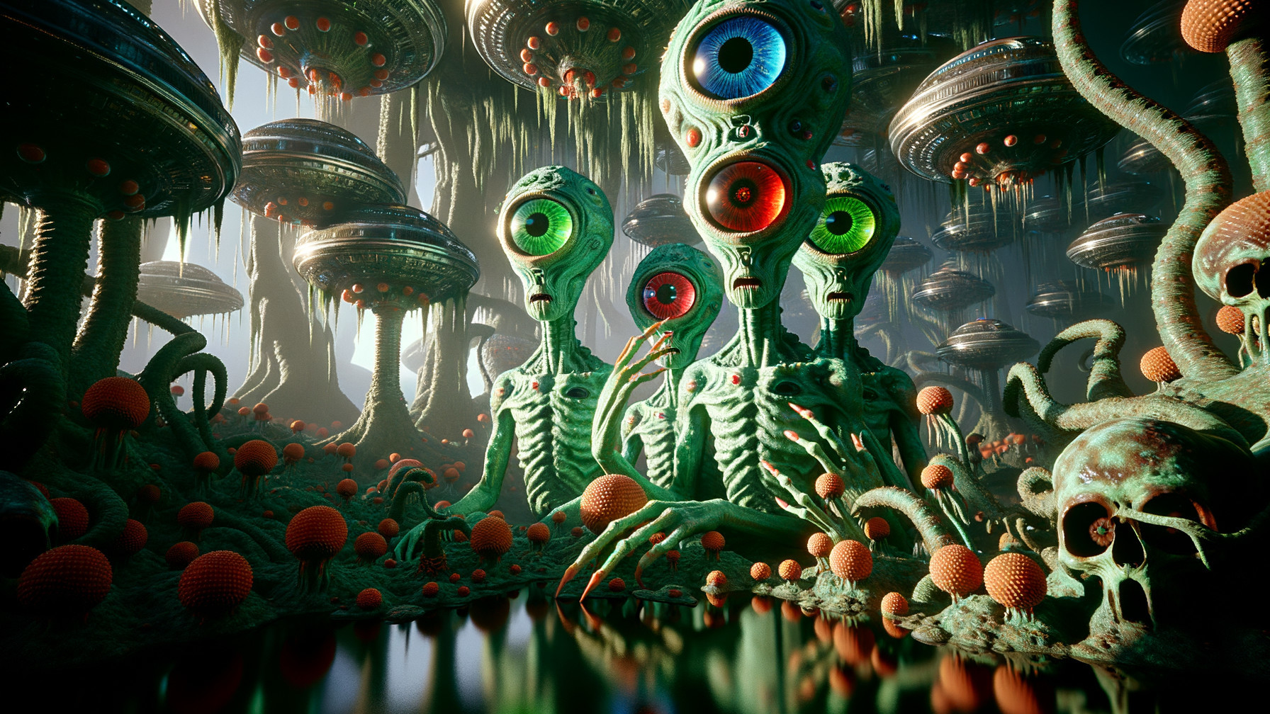 Surreal Alien Landscape with Glowing Mushrooms and Creatures