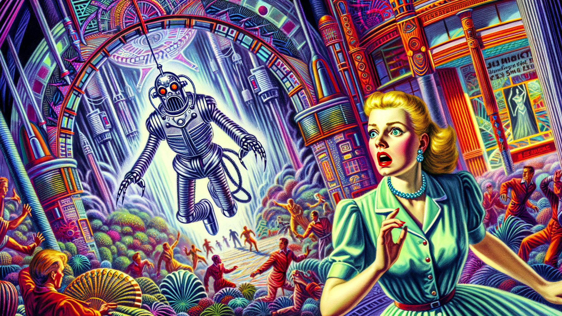 Surreal Scene of Woman in Futuristic Cityscape