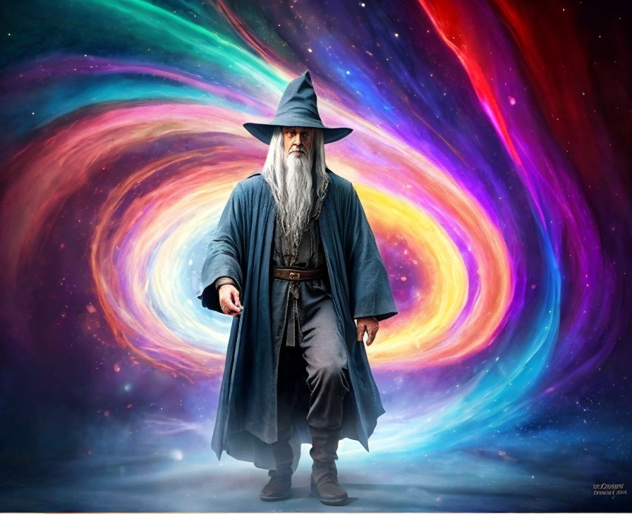 Majestic figure in blue robe with cosmic backdrop