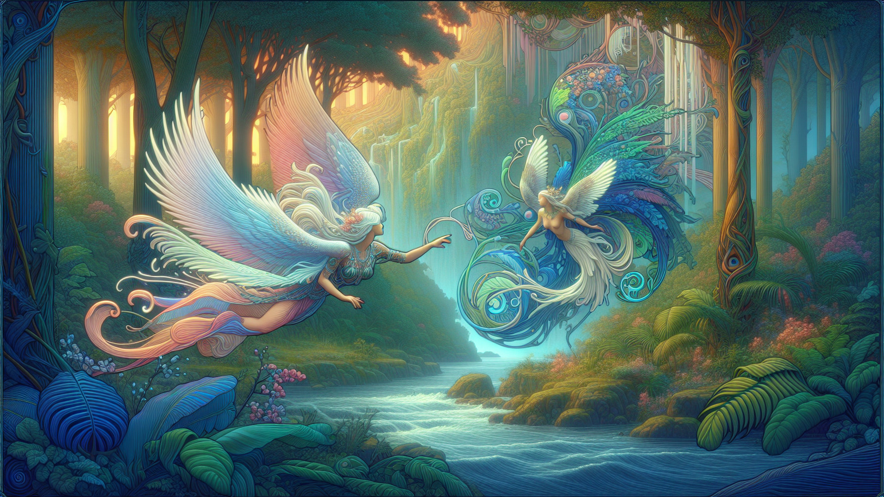 Ethereal Figures in a Vibrant Enchanted Forest