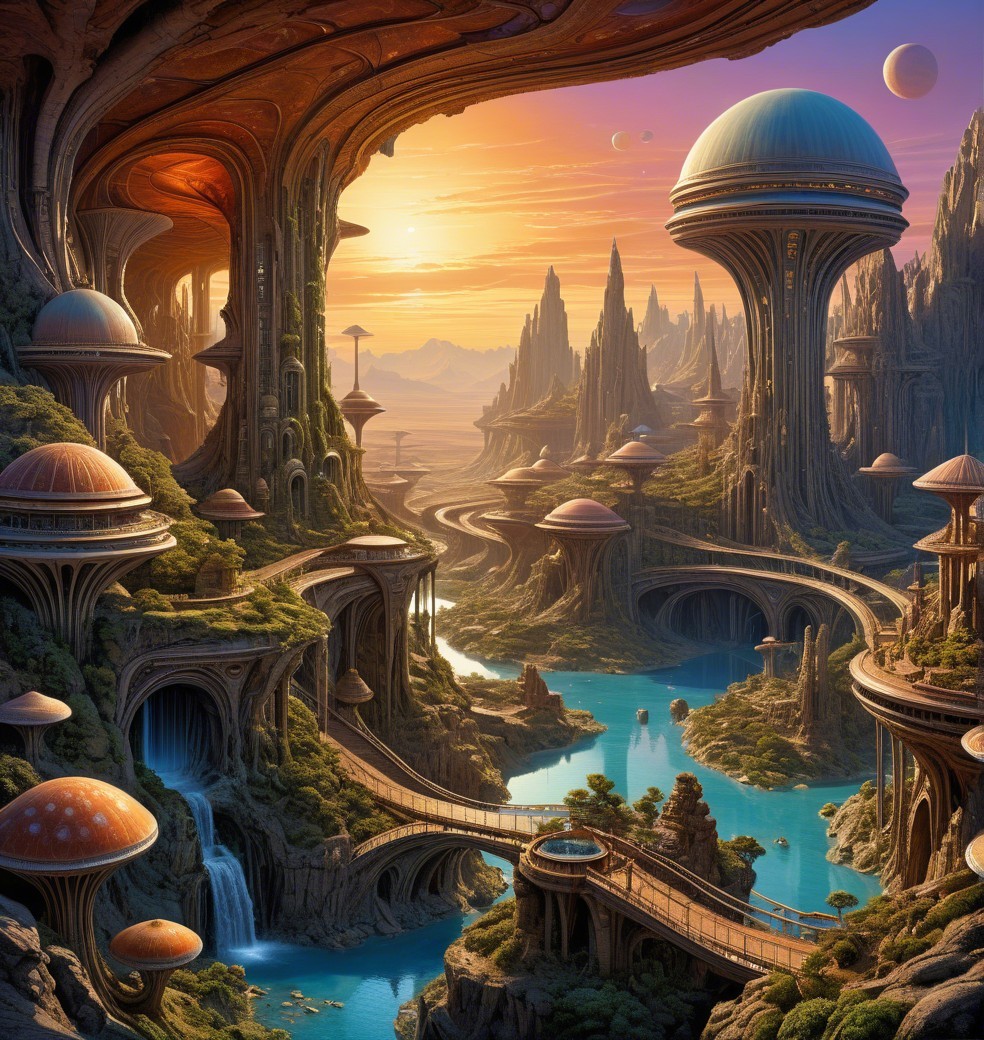 Surreal Landscape with Rock Formations and Waterfalls