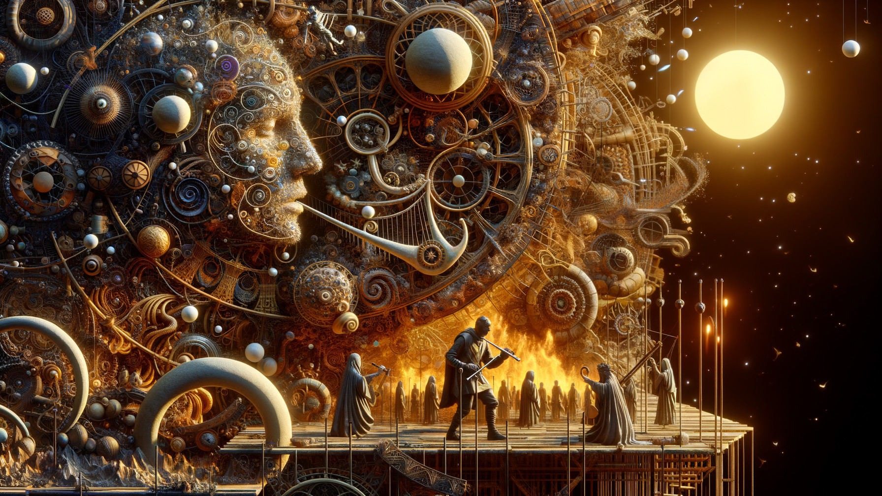 Surreal Clockwork Scene with Violinist and Cosmic Elements