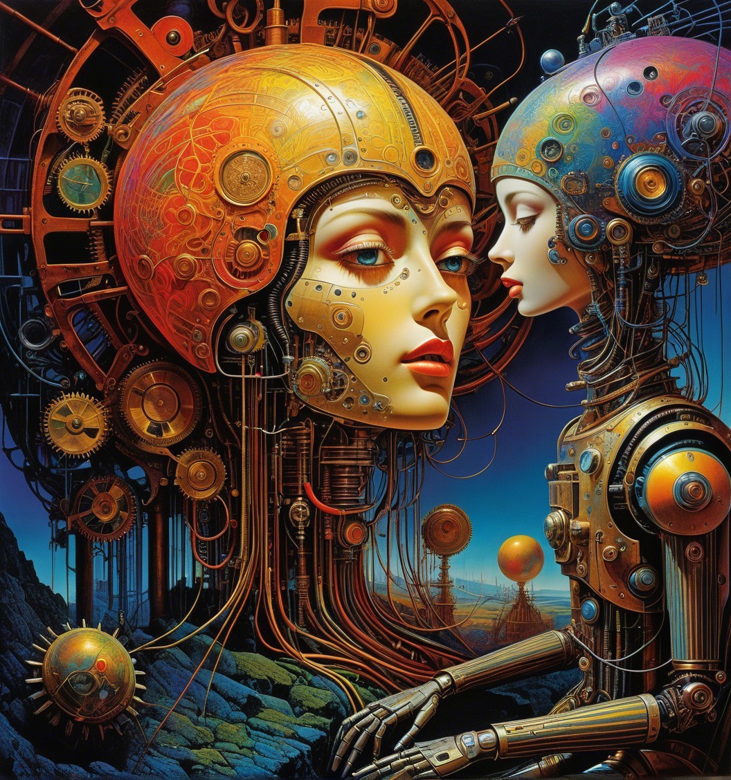 Humanoid Figures in a Futuristic Mechanical Landscape