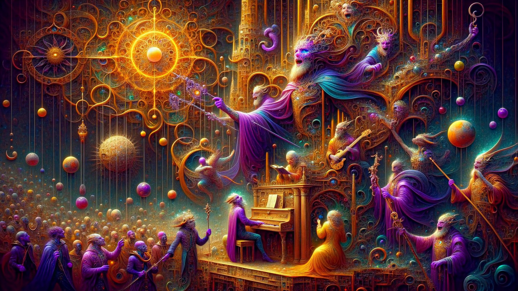 Mystical Figure Playing Piano in a Cosmic Scene