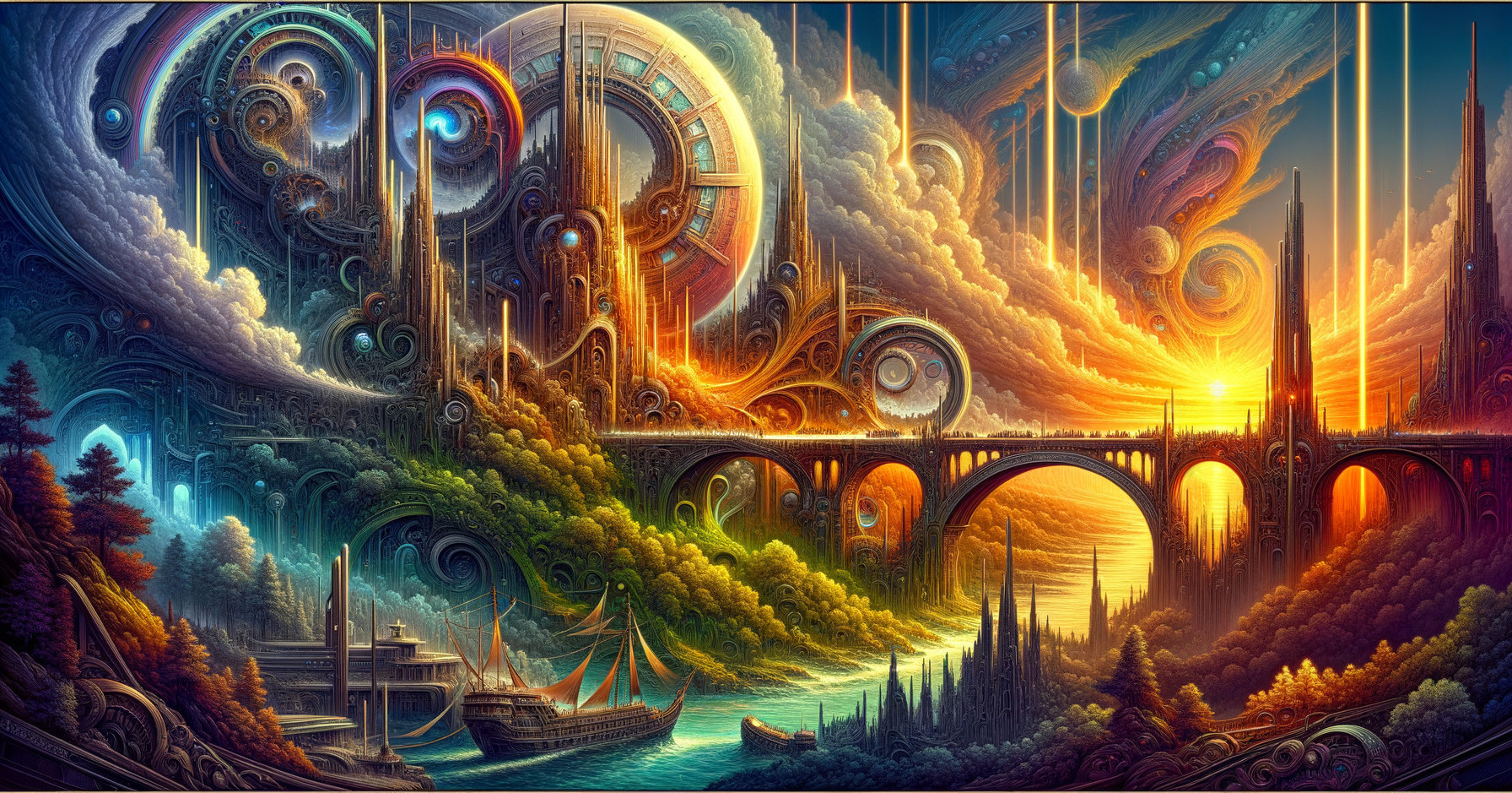 Surreal Landscape with Bridge and Colorful Sky