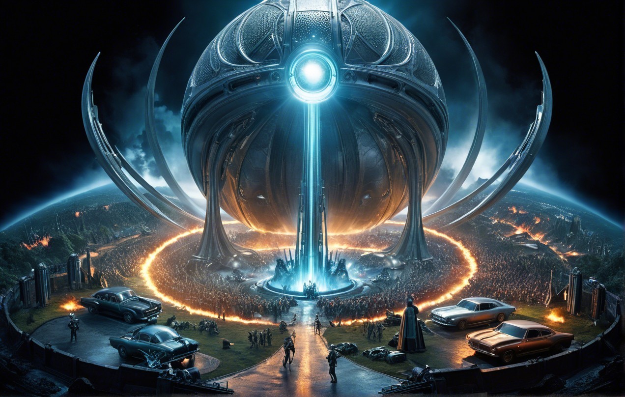 Futuristic illuminated generator in a sci-fi gathering