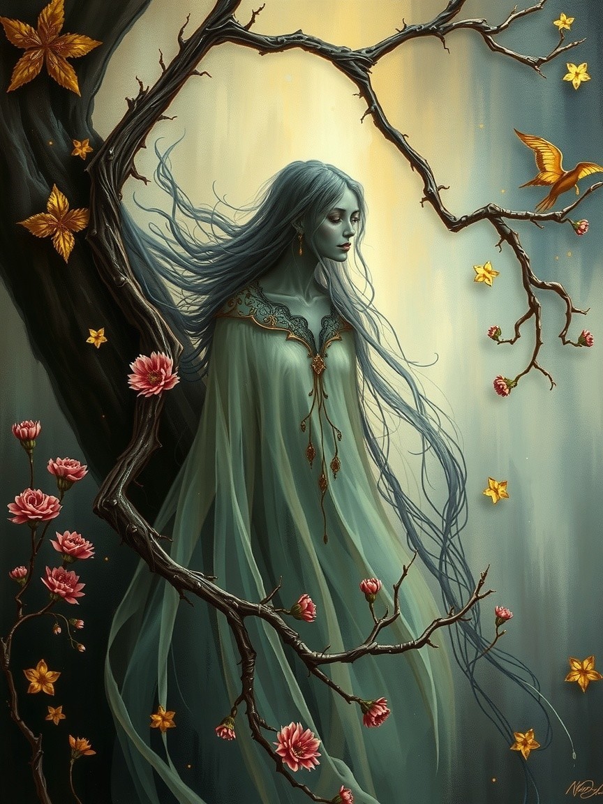 Ethereal Figure Among Twisted Tree and Flowers