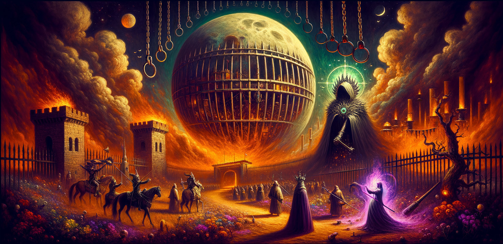 Surreal Dark Fantasy Scene with Cloaked Figures and Moon