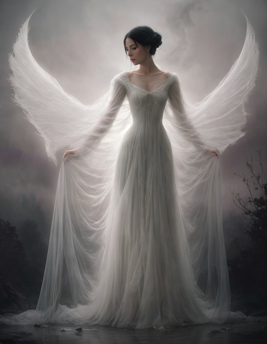 Serene figure with wings in misty ethereal setting