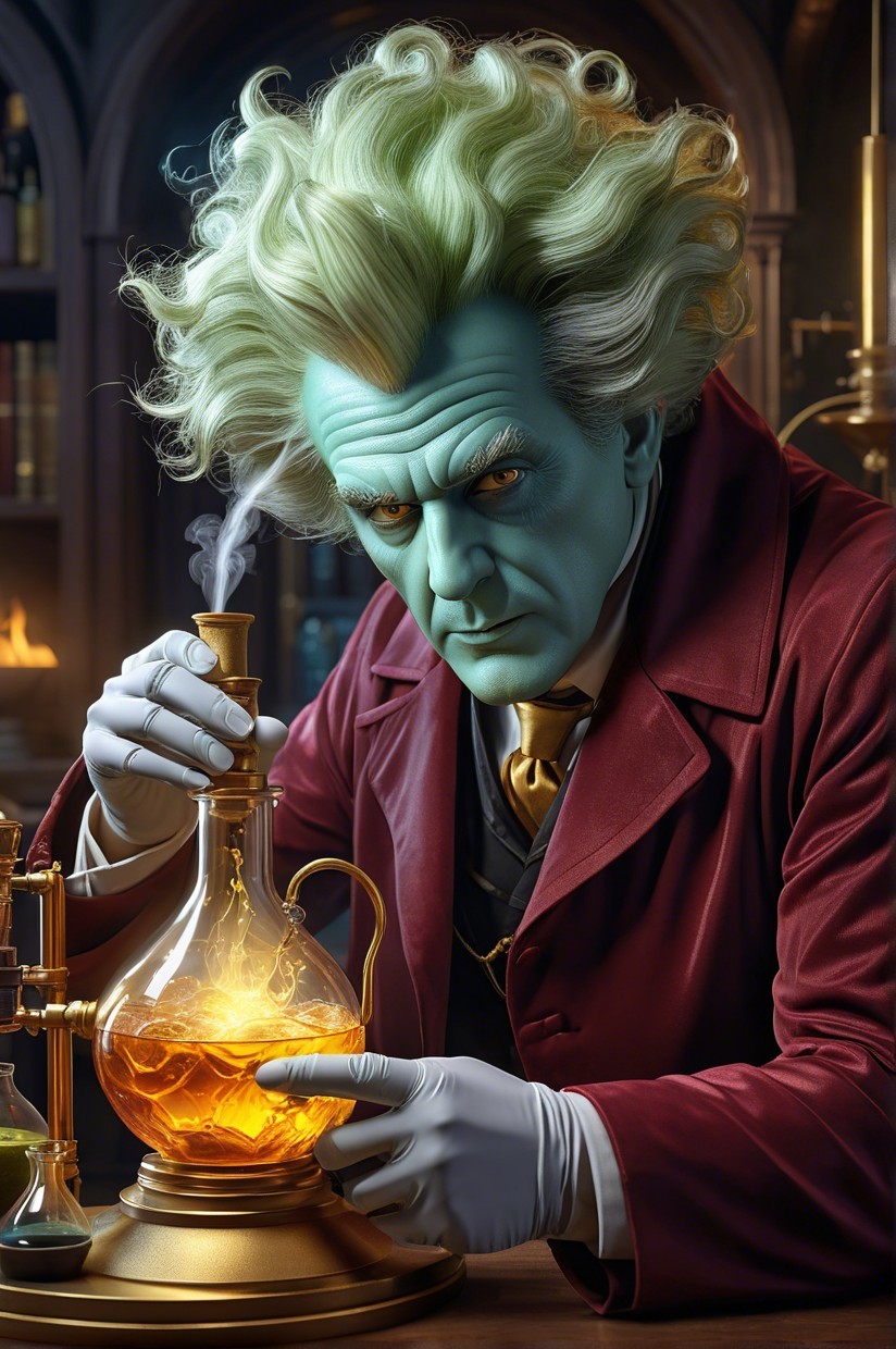 Mysterious Figure in Vintage Laboratory with Potion