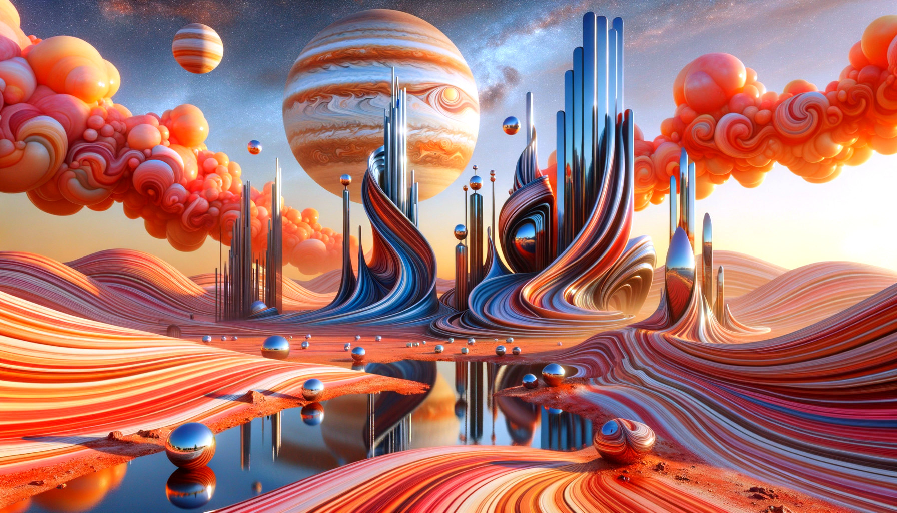 Surreal Landscape with Vibrant Colors and Cosmic Elements