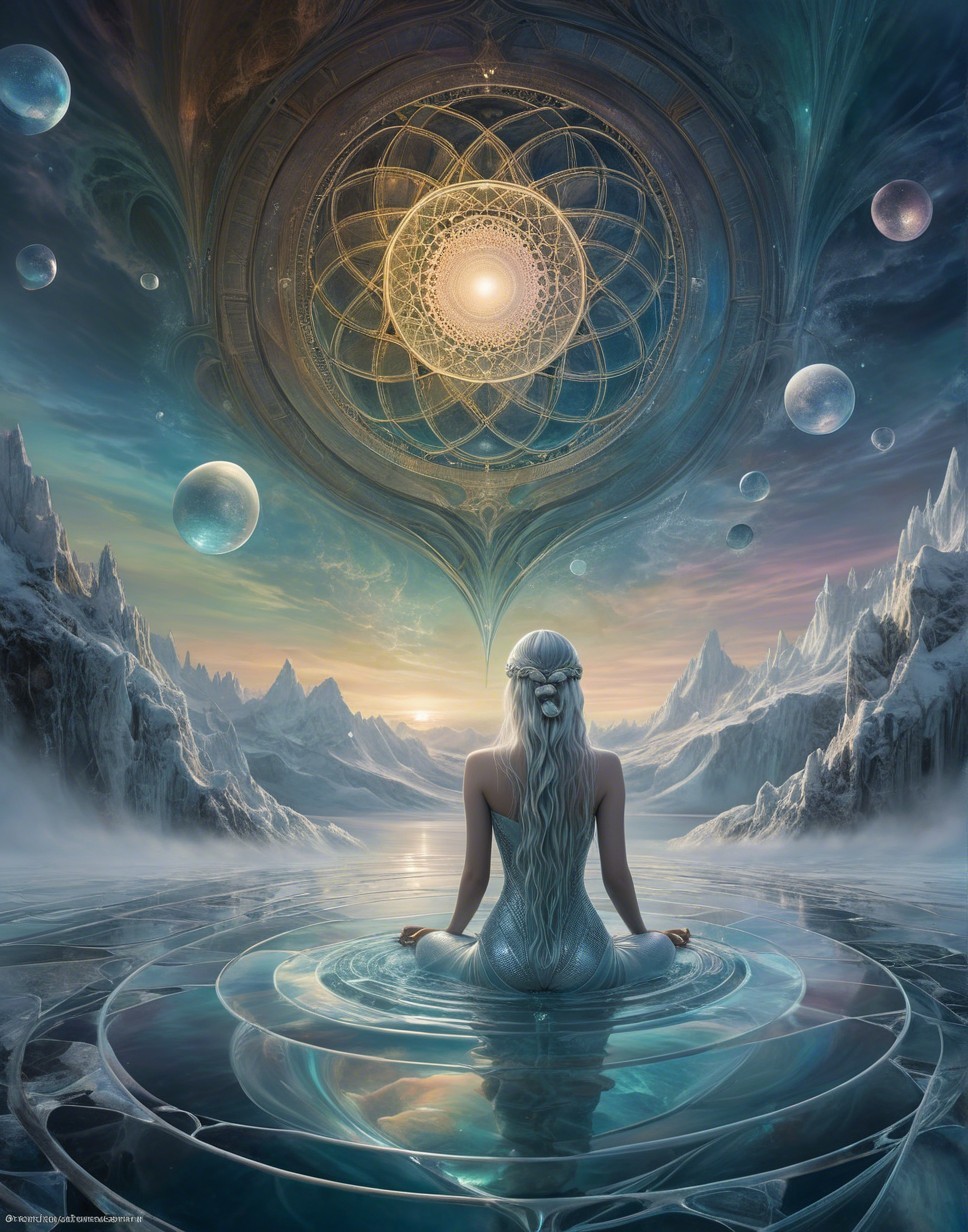 Serene Figure in Tranquil Water with Cosmic Elements