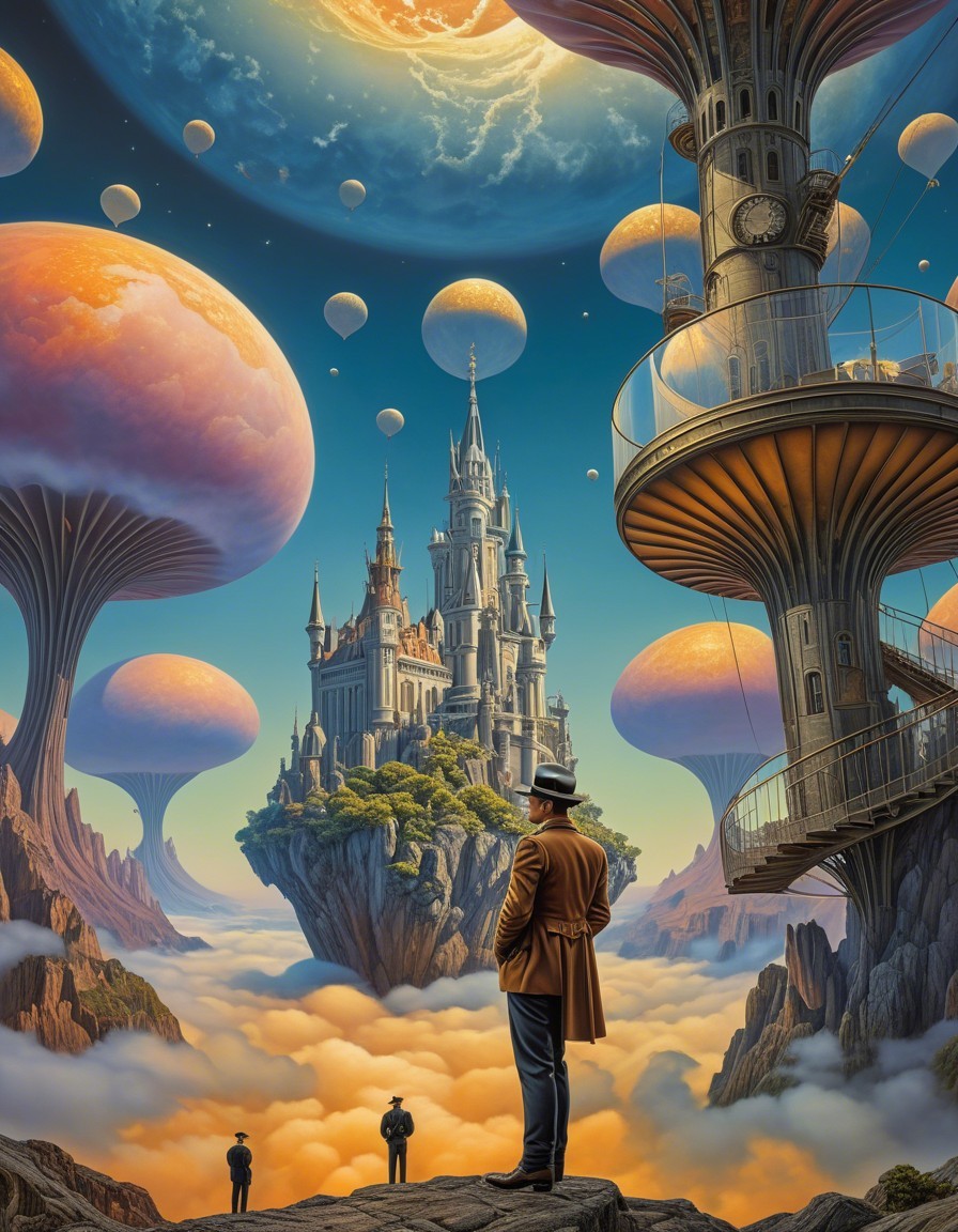 Surreal Landscape with Floating Castle and Airships