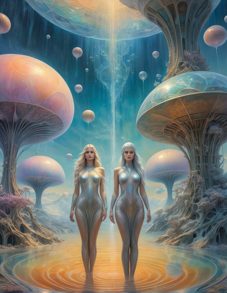 Surreal Landscape with Figures and Vibrant Mushrooms