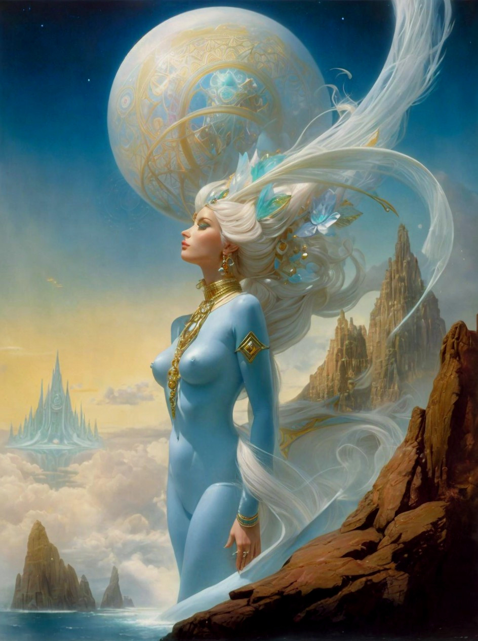 Ethereal Figure in Dreamlike Landscape with Moonlight