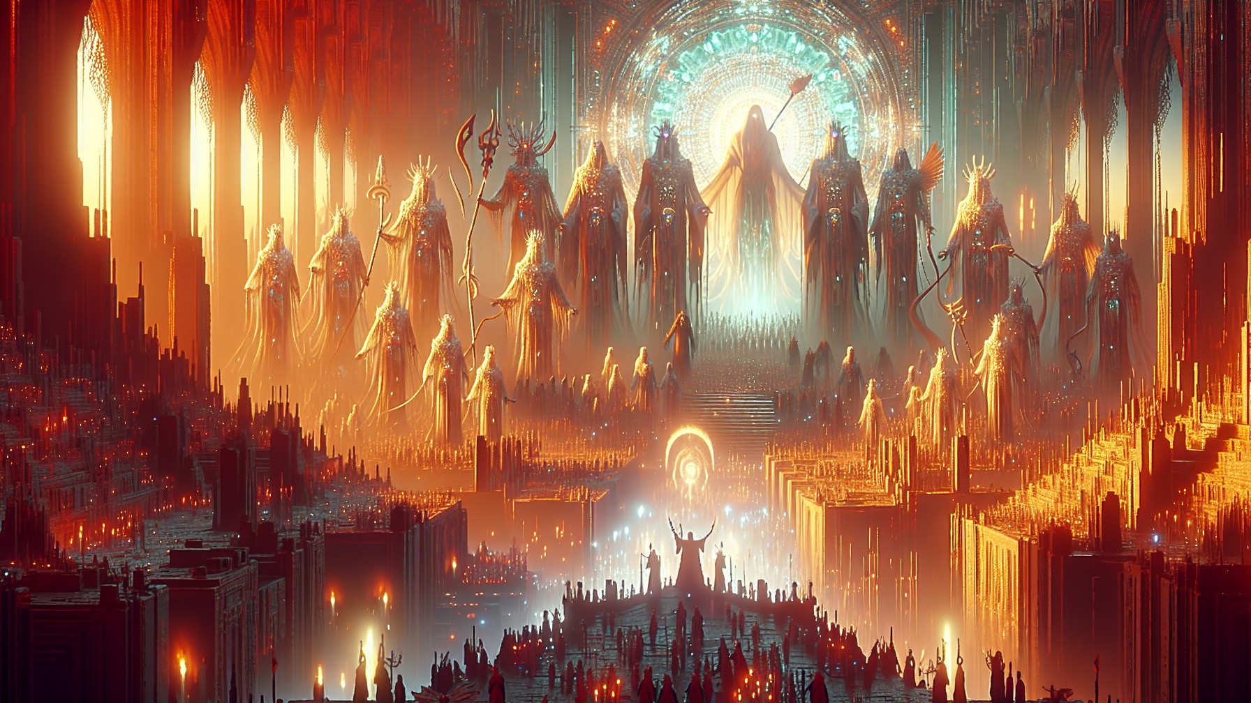 Illuminated Hall with Towering Statues and Ethereal Light