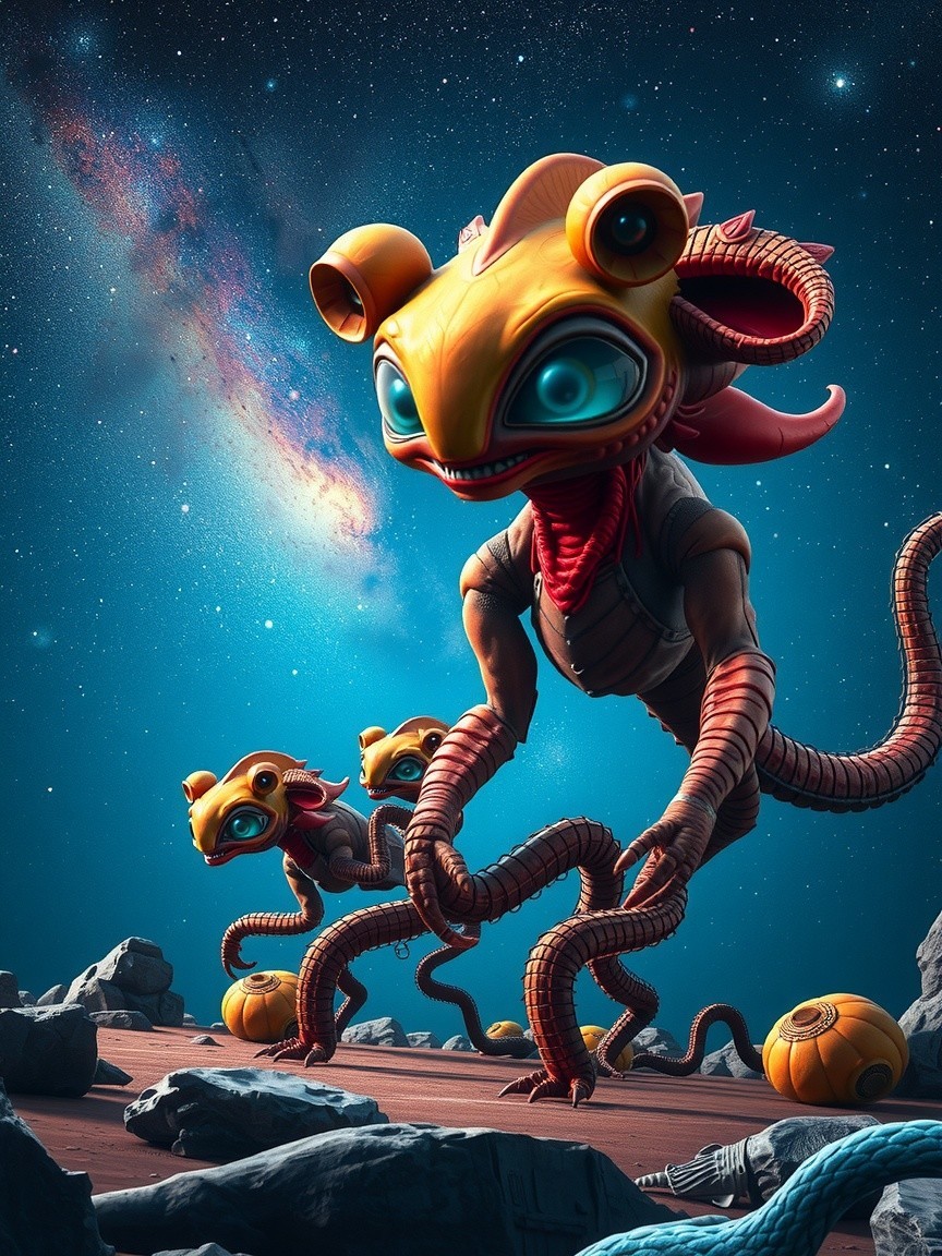 Whimsical Alien Creatures in Otherworldly Landscape