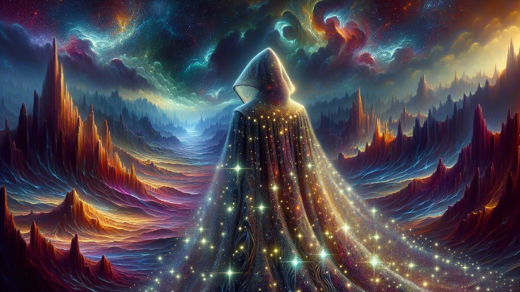 Cloaked Figure in a Cosmic Landscape with Nebulae