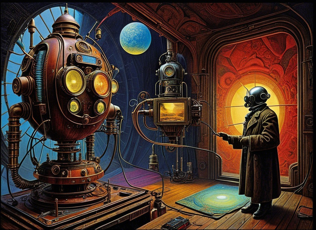 Steampunk Scene with Gas Mask and Mechanical Device
